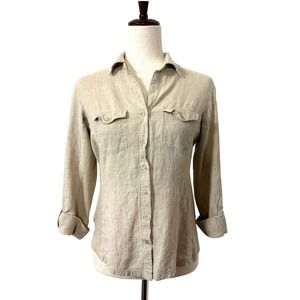 Cathy Daniels Linen Blend Button Down Shirt Tan Roll Tab Sleeve M